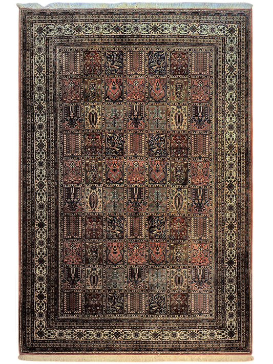 Multicolor Qum-style area rug with ornate geometric and floral border, flat weave