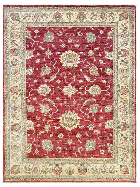 Square-style red rug with cream decorative frame and symmetrical floral medallions.