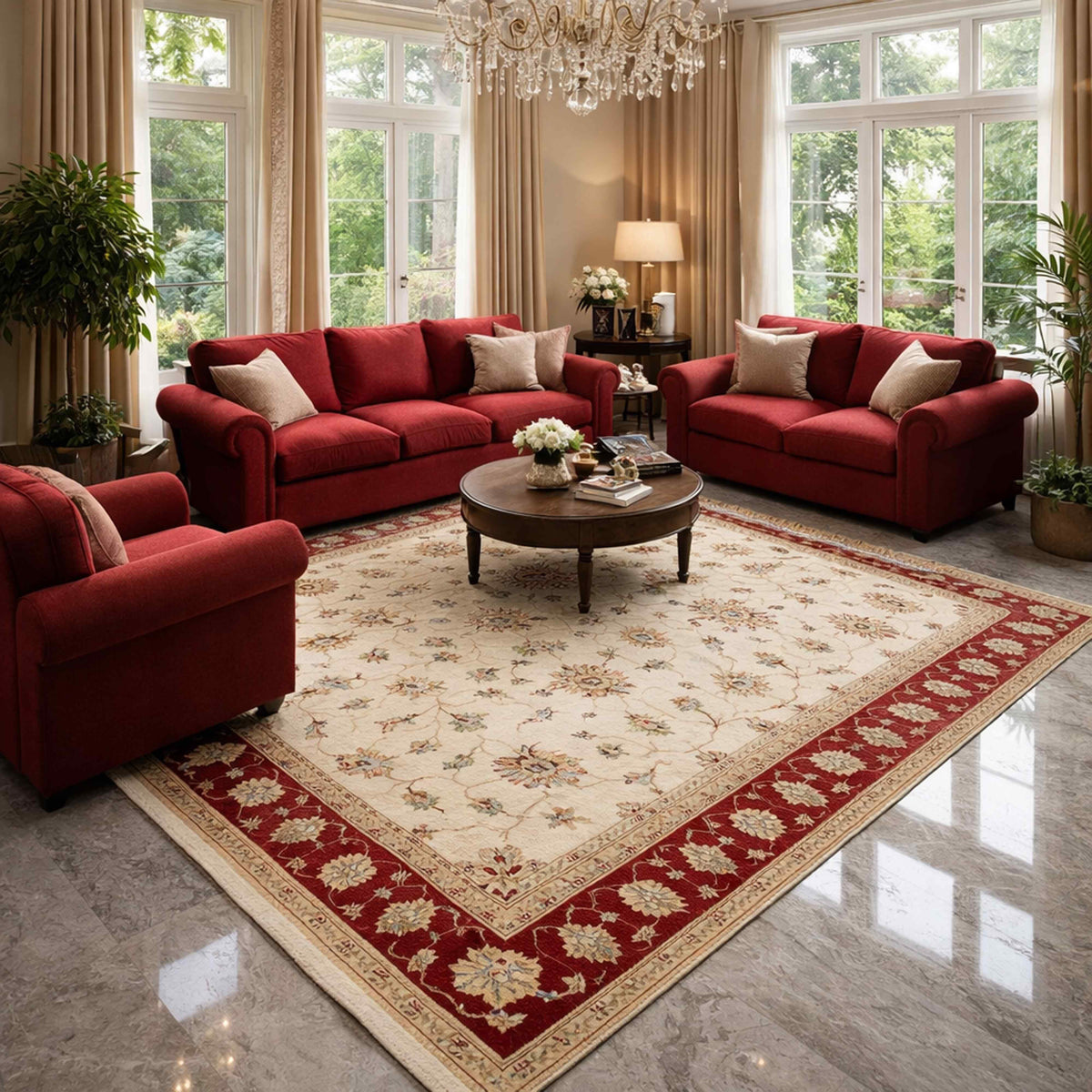 Cream wool rug with burgundy border and scattered floral medallions, large area