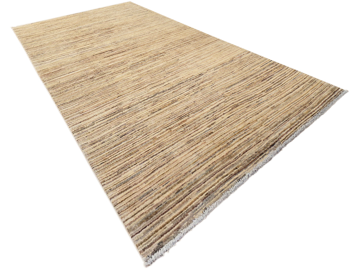 Beige and brown striped Ziegler rug with short textured pile, triangular view
