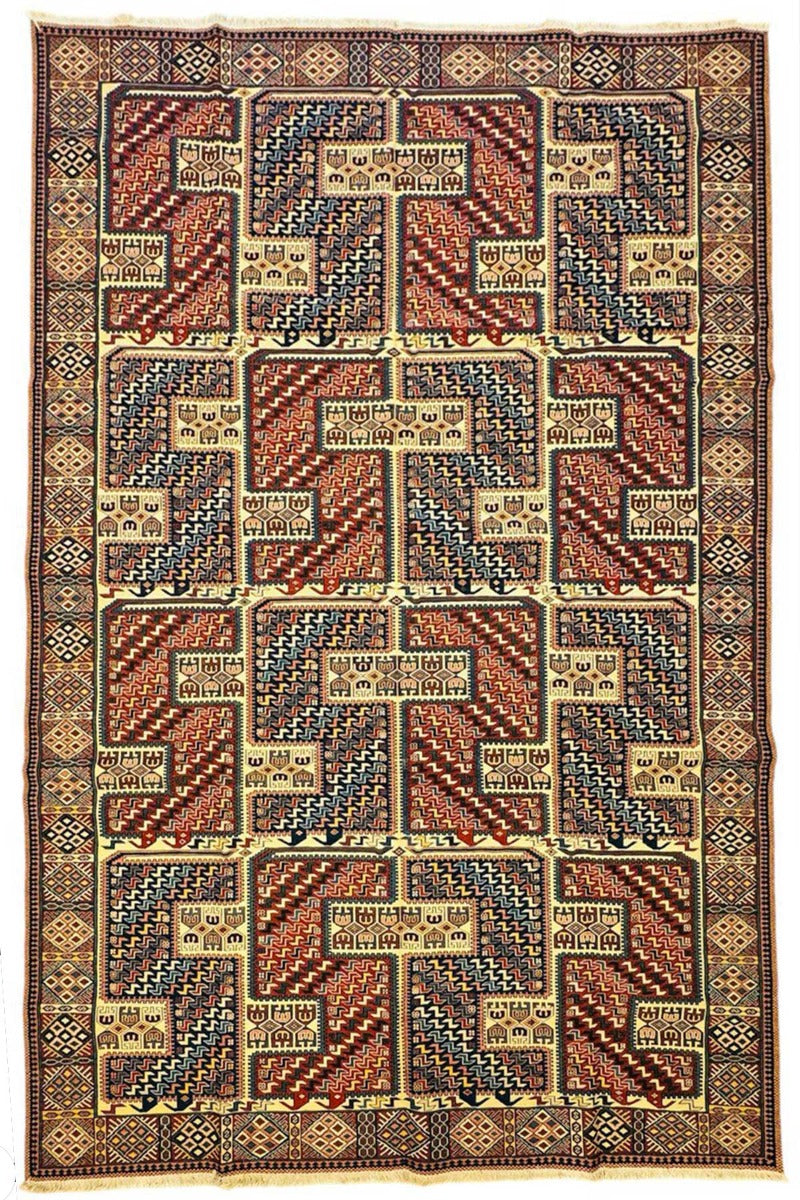 Geometric patterned rug, 209x169 cm, dark red, navy and tan with border