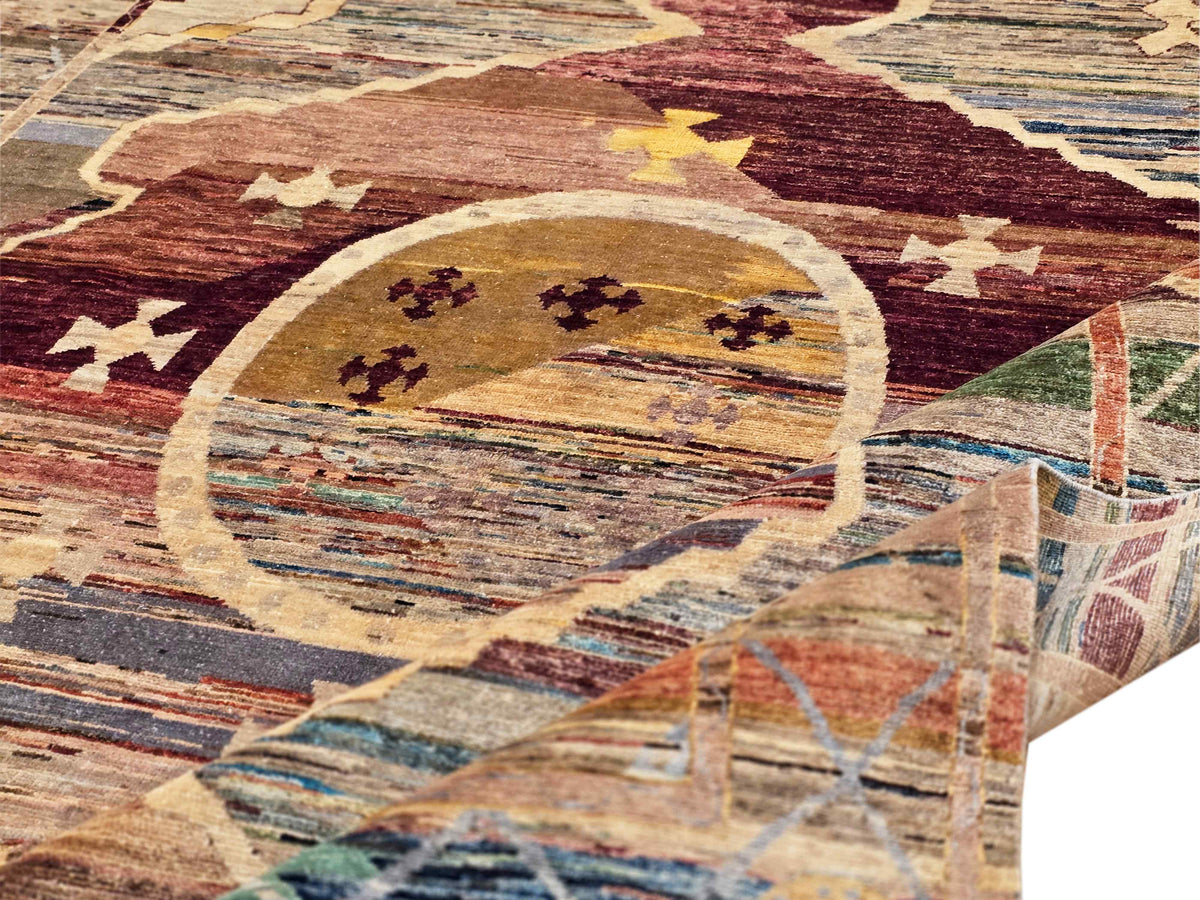 Ziegler Art Deco rug close-up, multicolor medallion with textured geometric pattern