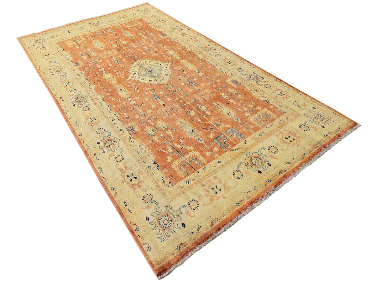 Terracotta and cream area rug with ornate border and central medallion
