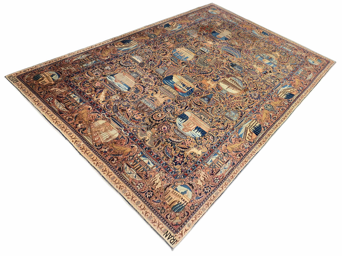 Decorative rug with diamond shape, blue tan rust details, and bordered edge
