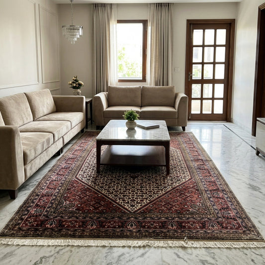 Bidjar rug laid flat, cream center medallion with red border and light fringe.