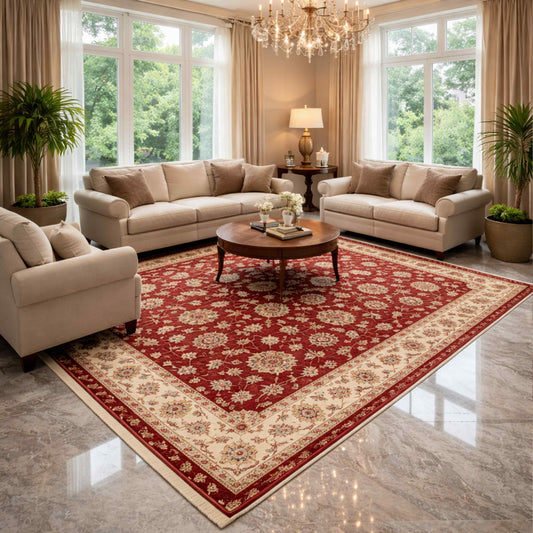 Large red floral area rug with cream border, laid flat on a light stone floor