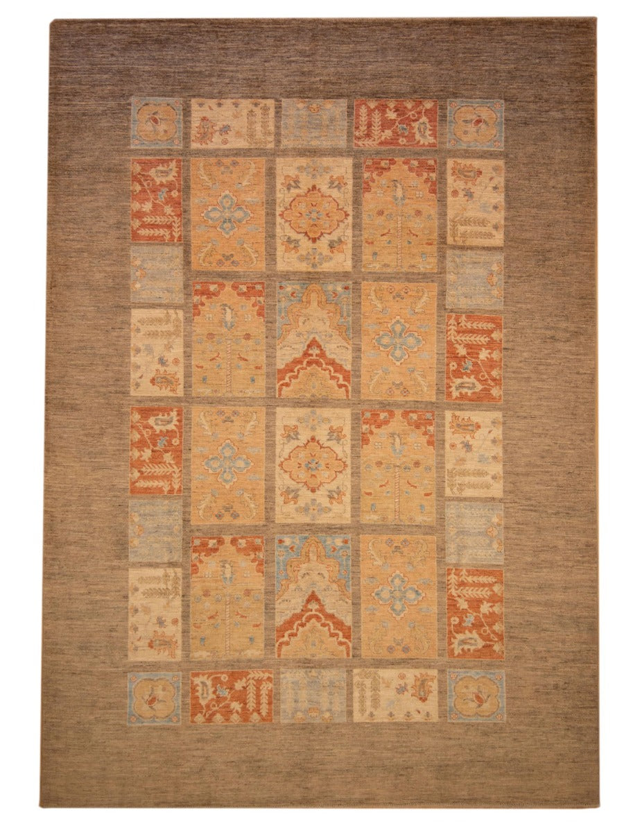 Ziegler rug, rectangular patchwork geometric pattern in warm brown, orange, and beige