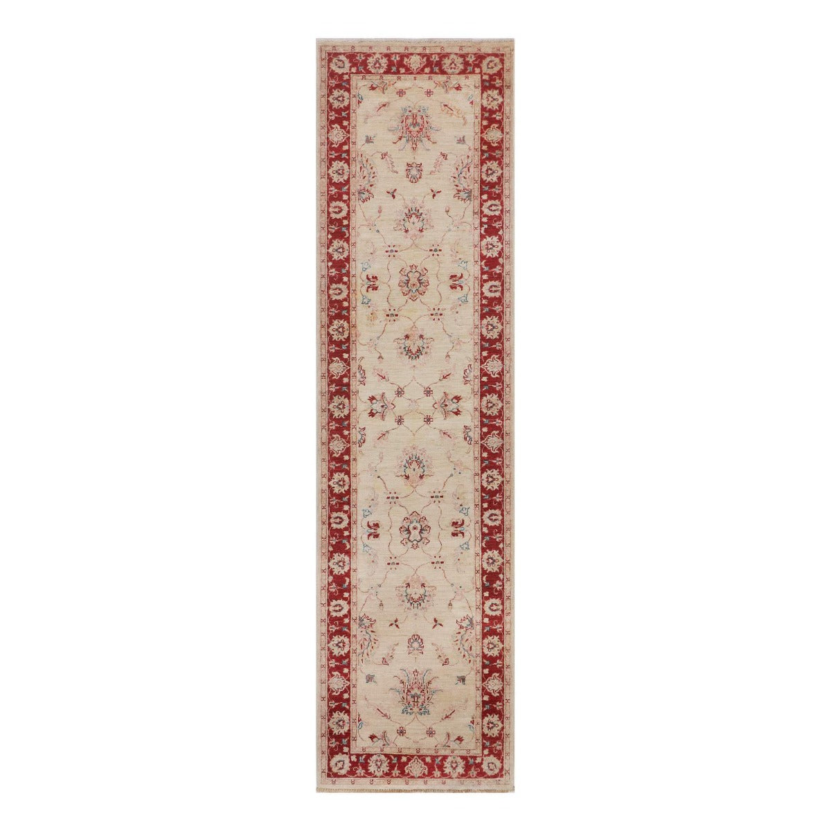 Cream runner rug with red border and floral medallion pattern.